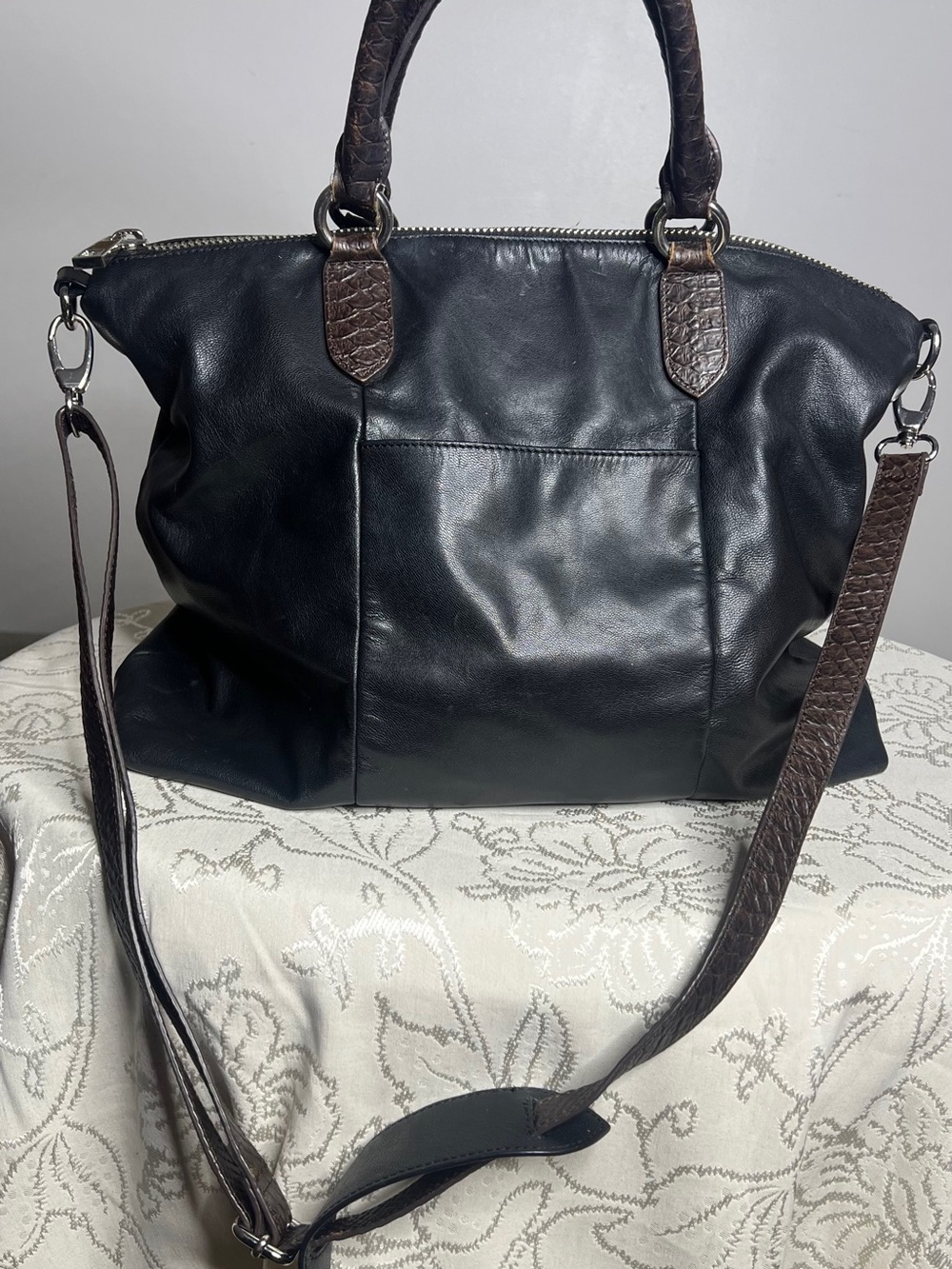 Halogen Black Shoulder Bag with Brown Trim